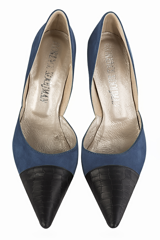 Satin black and denim blue women's open arch dress pumps. Pointed toe. Very high slim heel. Top view - Florence KOOIJMAN